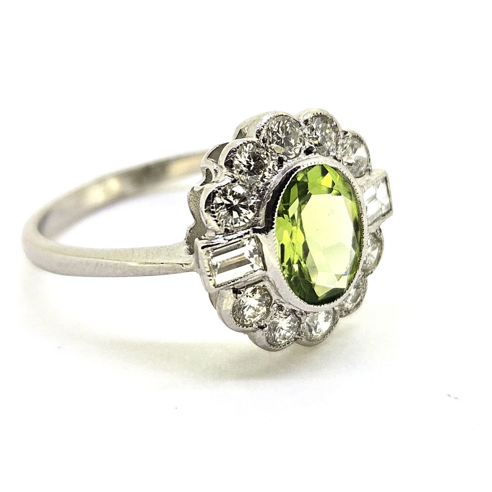 1.20ct Oval Peridot and Diamond Cluster Floral Cluster Ring in Platinum