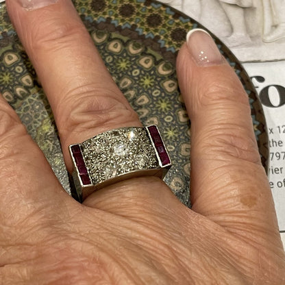 Vintage 1940s Retro 1.80ct Diamond and Ruby Tank Ring in Platinum