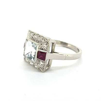 1.30ct Aquamarine, Ruby and Diamond Cluster Ring in Platinum