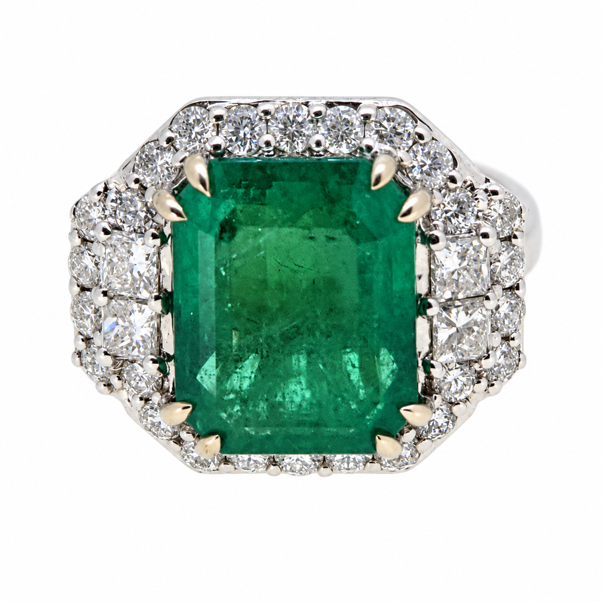 5.12ct Emerald and Diamond Cluster Dress Ring in 18ct White Gold