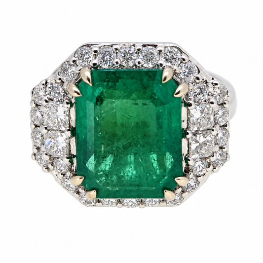 5.12ct Emerald and Diamond Cluster Dress Ring in 18ct White Gold