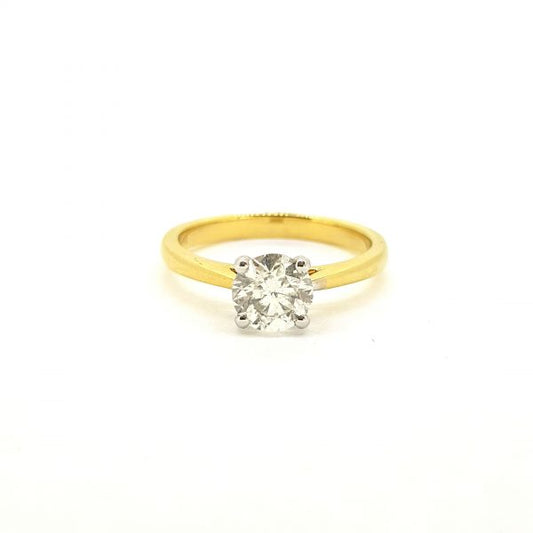Single Stone Diamond Solitaire Engagement Ring, certified 1.01 carat G Colour SI2 Clarity round brilliant-cut diamond, claw-set and mounted to a plain 18ct yellow gold band