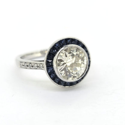 2.22ct Old Cut Diamond and Calibre Sapphire Target Engagement Ring