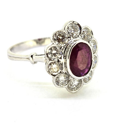 1.30ct Oval Ruby and Diamond Floral Cluster Engagement Ring