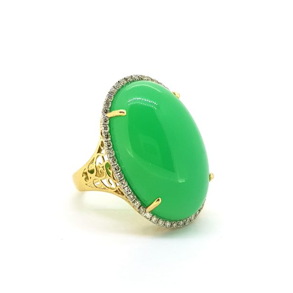 Oval Cabochon Chalcedony and Diamond Cluster Cocktail Ring in 14ct Gold