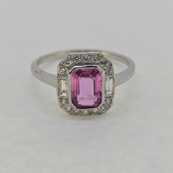 1ct Pink Sapphire and Diamond Cluster Engagement Ring in Platinum