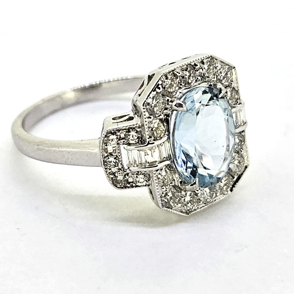 Aquamarine and Diamond Cluster Ring with Buckle Shoulders