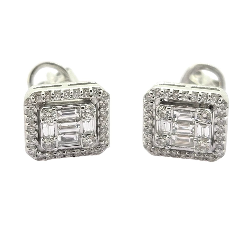 Baguette and Brilliant Cut Illusion Set Diamond Cluster Stud Earrings