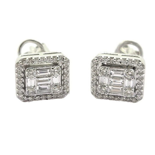 Baguette and Brilliant Cut Illusion Set Diamond Cluster Stud Earrings