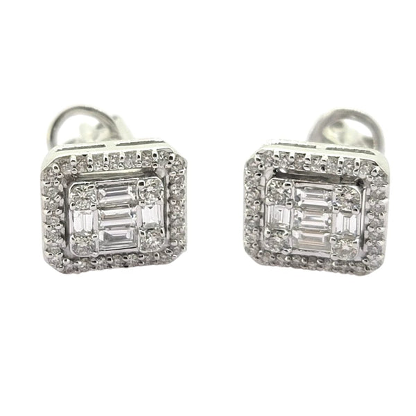Baguette and Brilliant Cut Illusion Set Diamond Cluster Stud Earrings