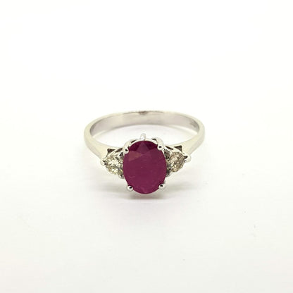 Ruby and Diamond Three Stone Ring in 18ct White Gold