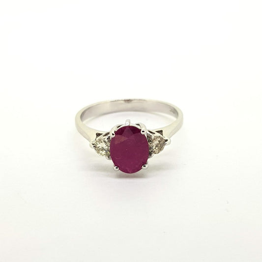 Ruby and Diamond Three Stone Ring in 18ct White Gold