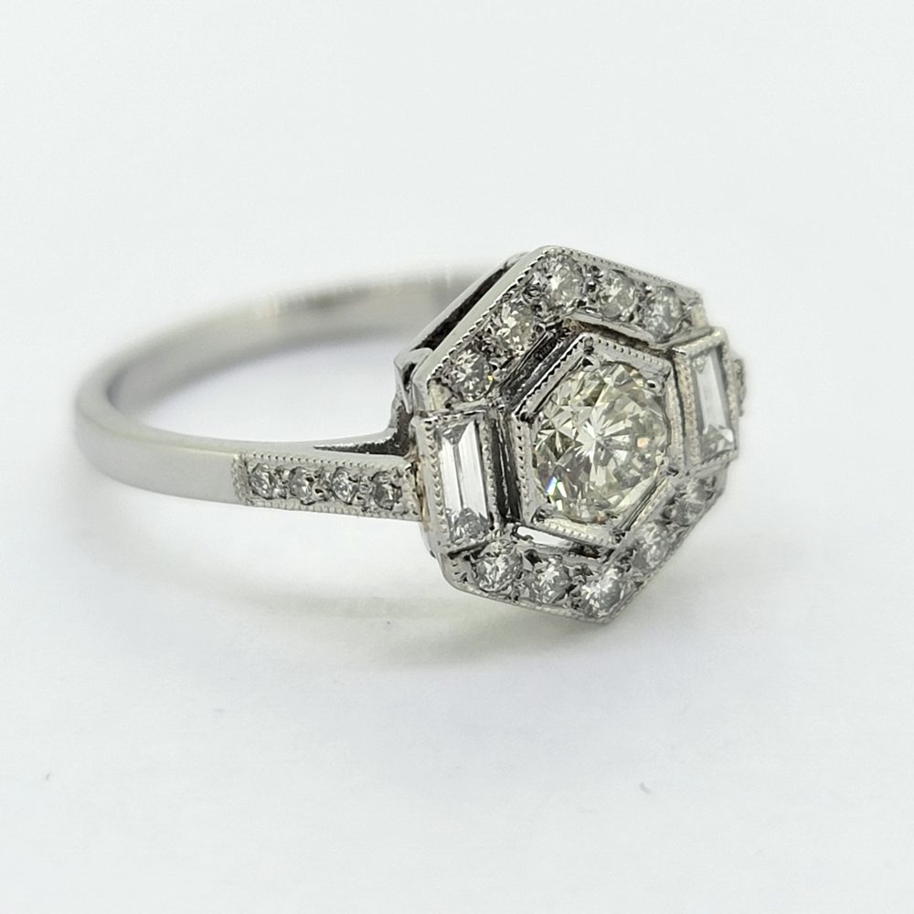 0.75ct Diamond Hexagonal Cluster Ring in Platinum, 0.75ct round round brilliant-cut diamond within hexagonal diamond border with baguette-cut diamonds to each side