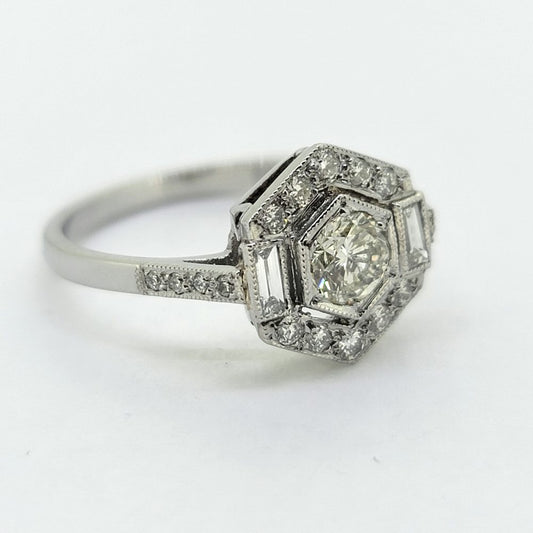 0.75ct Diamond Hexagonal Cluster Ring in Platinum, 0.75ct round round brilliant-cut diamond within hexagonal diamond border with baguette-cut diamonds to each side