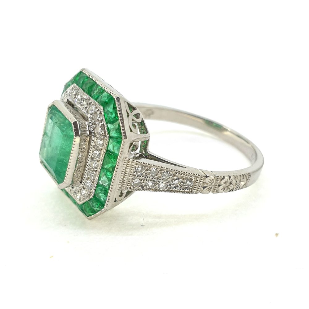 1.22ct Colombian Emerald and Diamond Double Cluster Dress Ring
