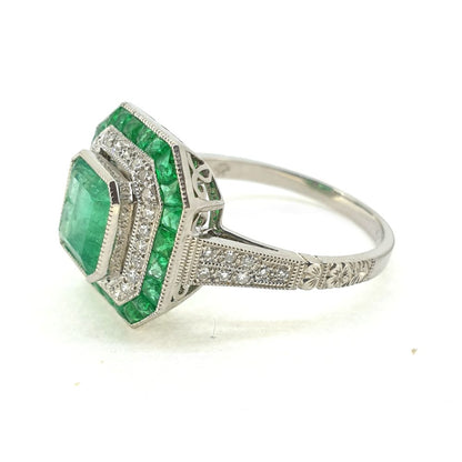 1.22ct Colombian Emerald and Diamond Double Cluster Dress Ring