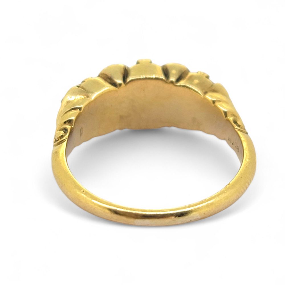 Victorian Antique Natural Pearl and Rose Cut Diamond Trilogy Ring, central rose cut diamond flanked by natural pearls in yellow gold