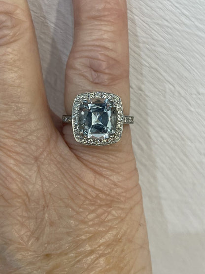 3.50ct Cushion Cut Aquamarine and Diamond Cluster Engagement Ring in Platinum