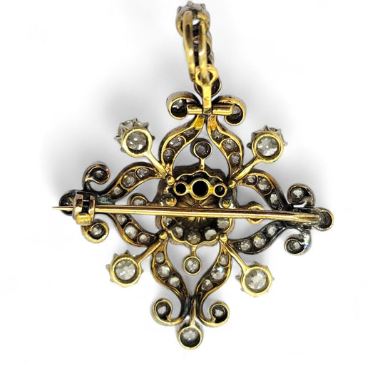 Victorian Antique Natural Pearl and Diamond Pendant come Brooch, central natural pearl surrounded by sparkling diamond in floral cluster design Presented in antique fitted box.
