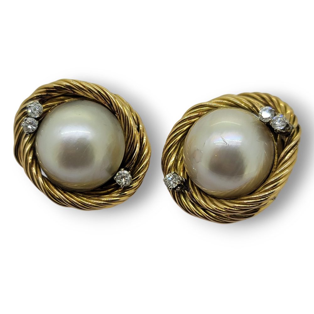 Vintage Mabe Pearl and Diamond Earrings with 18ct yellow gold rope twist surround. Circa 1960s