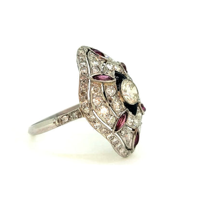 Art Deco Ruby Onyx and Diamond Cluster Dress Ring