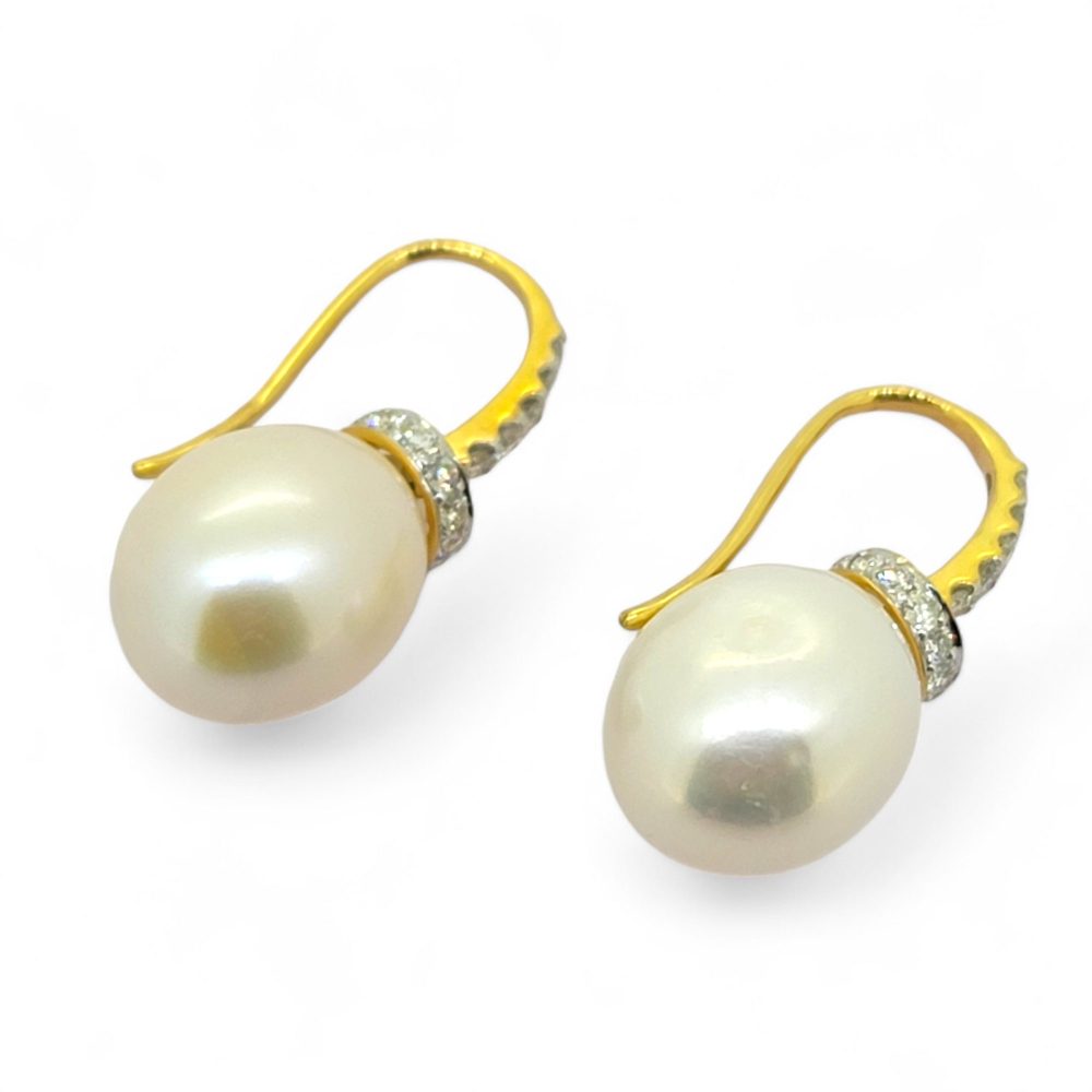 Pearl and Diamond Earrings in 18ct Yellow Gold, pearls topped with diamond-set 18ct yellow gold caps to diamond-set yellow gold hook fittings