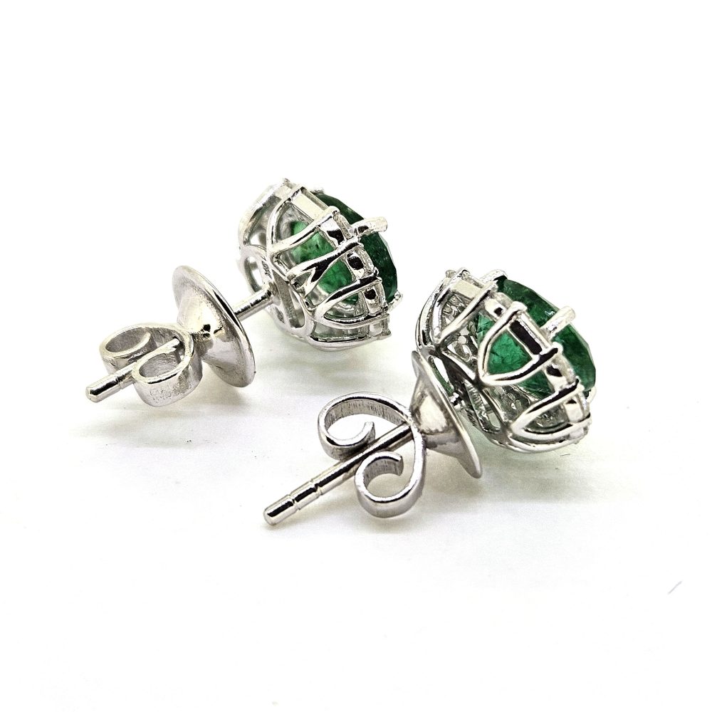 2.44ct Oval Emerald Stud Earrings with Baguette and Brilliant Diamond Halos