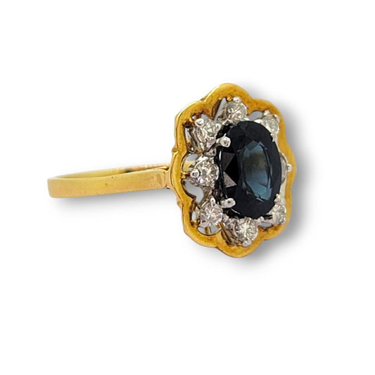 Sapphire and Diamond Floral Cluster Engagement Ring in 18ct Yellow Gold