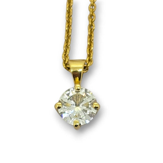 1ct Diamond Solitaire Pendant with Chain, 1.01ct single stone round brilliant-cut diamond claw set in 18ct yellow gold suspended from 16" yellow gold chain