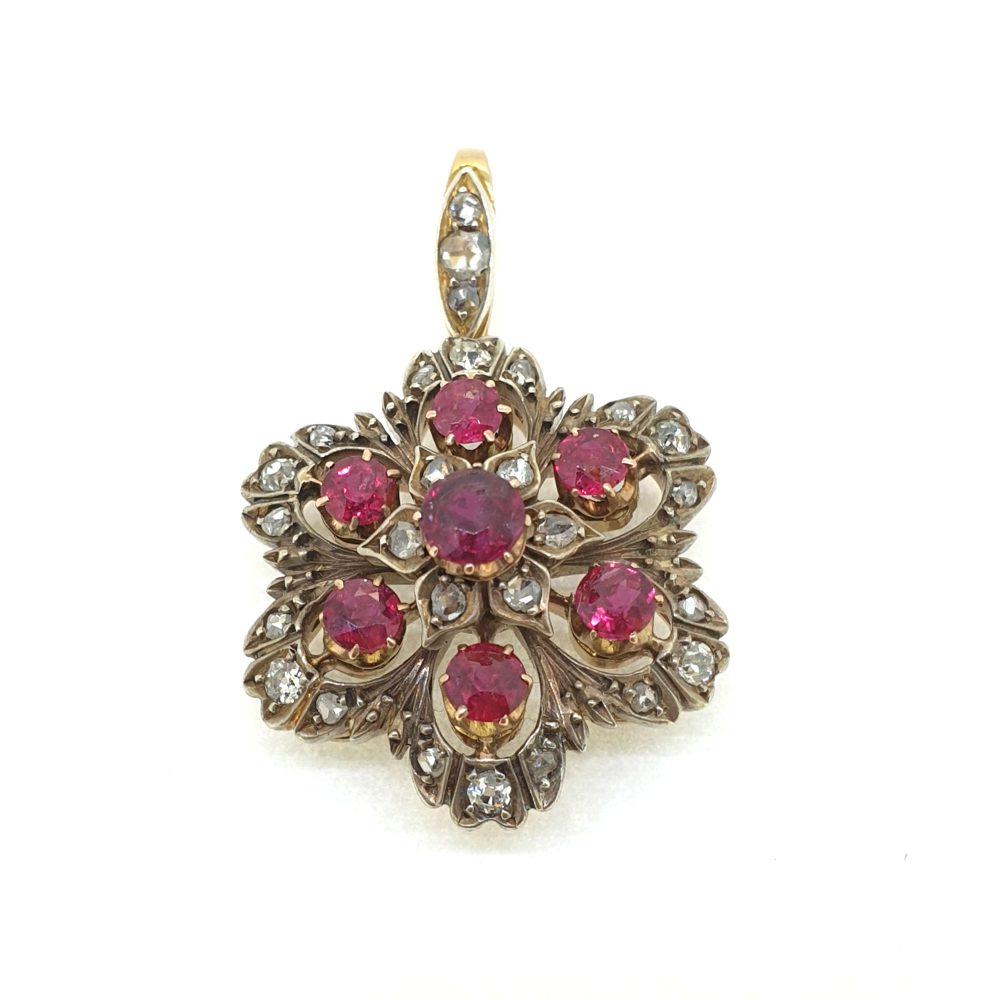 Antique Natural Ruby and Diamond Floral Cluster Pendant