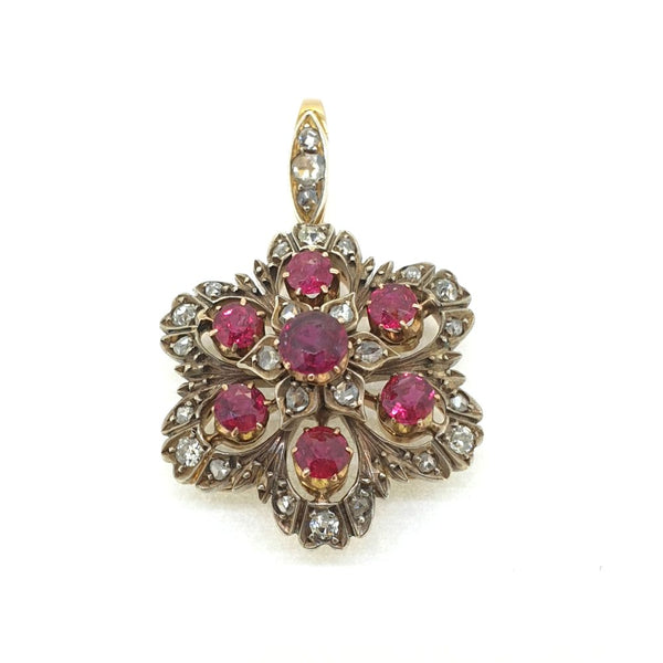 Antique Natural Ruby and Diamond Floral Cluster Pendant