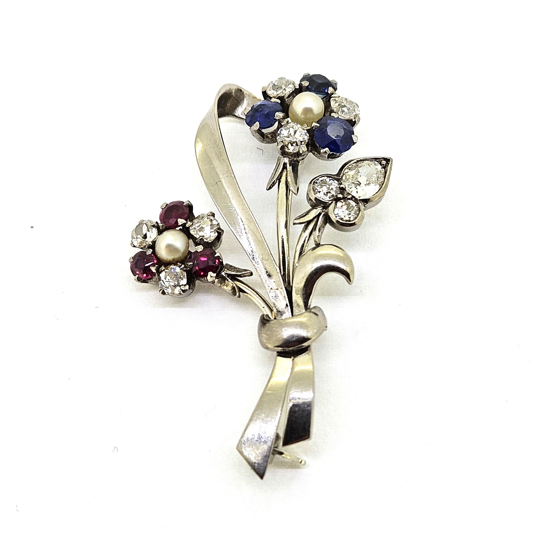 Vintage Natural Pearl Sapphire Ruby and Diamond Flower Spray Brooch