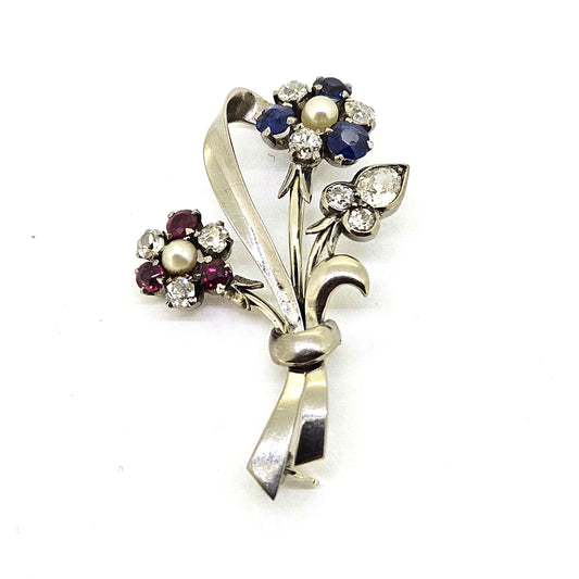 Vintage Natural Pearl Sapphire Ruby and Diamond Flower Spray Brooch