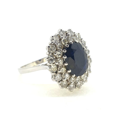 Vintage 4ct Oval Sapphire and Double Diamond Cluster Ring in 18ct White Gold Circa 1970