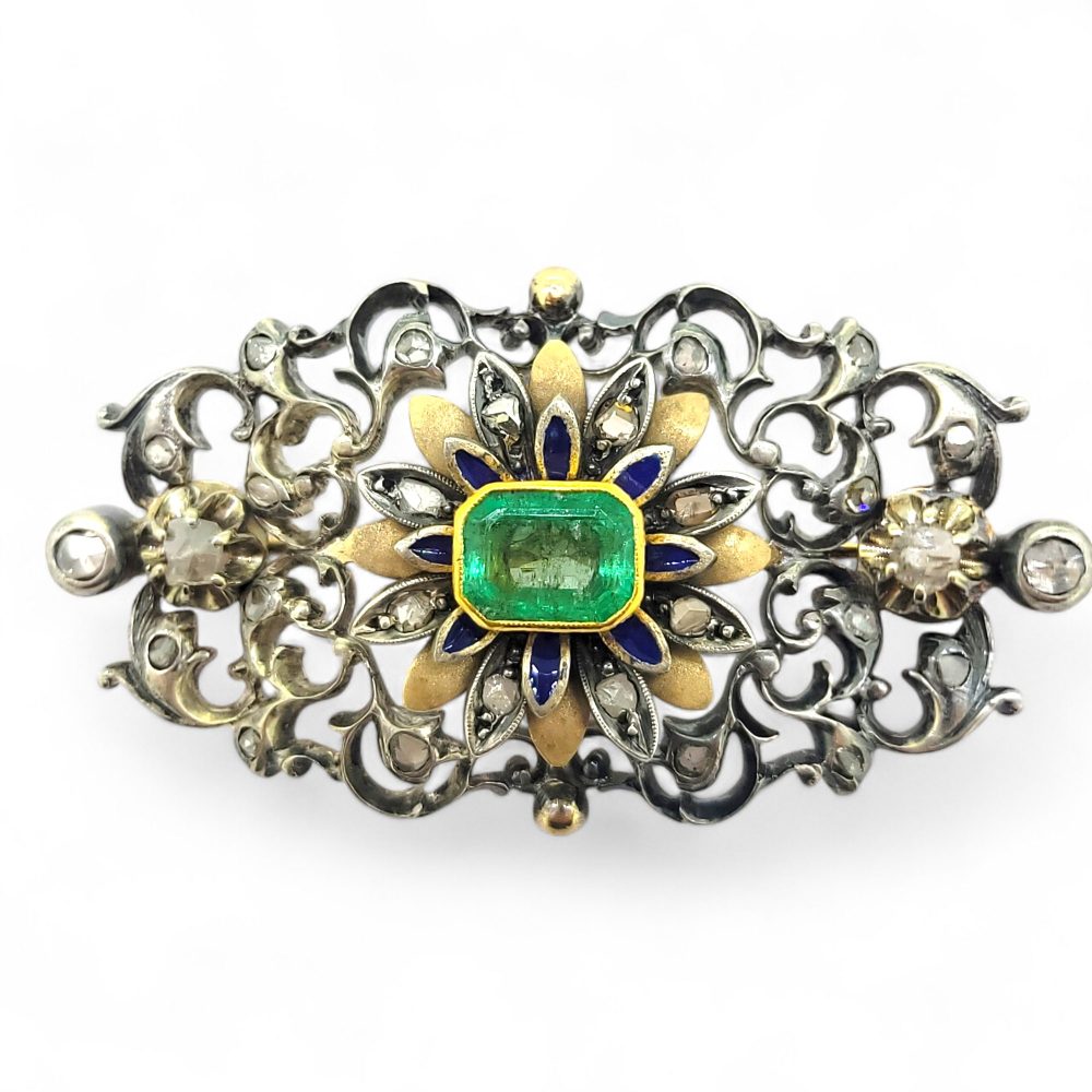 Victorian Antique Emerald Rose Diamond and Enamel Brooch, emerald-cut emerald surrounded by enamel decorated flower petals central to rose-cut diamond silver set pierced surround