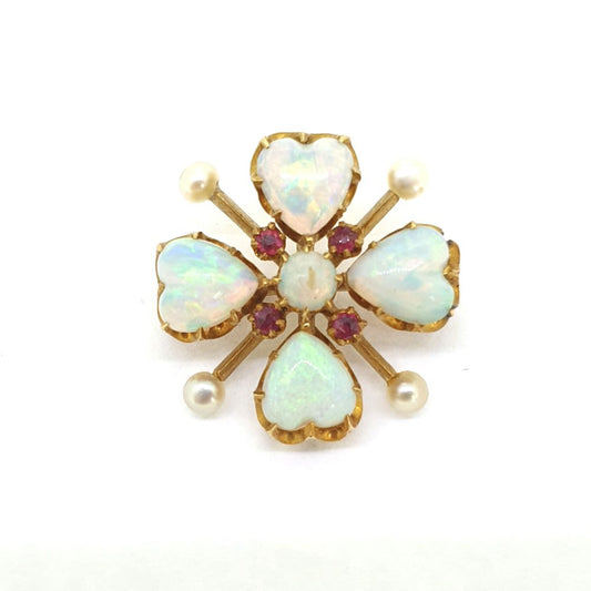 Victorian Antique Heart Cabochon Opal Pearl and Ruby Brooch in four leaf clover / quatrefoil design