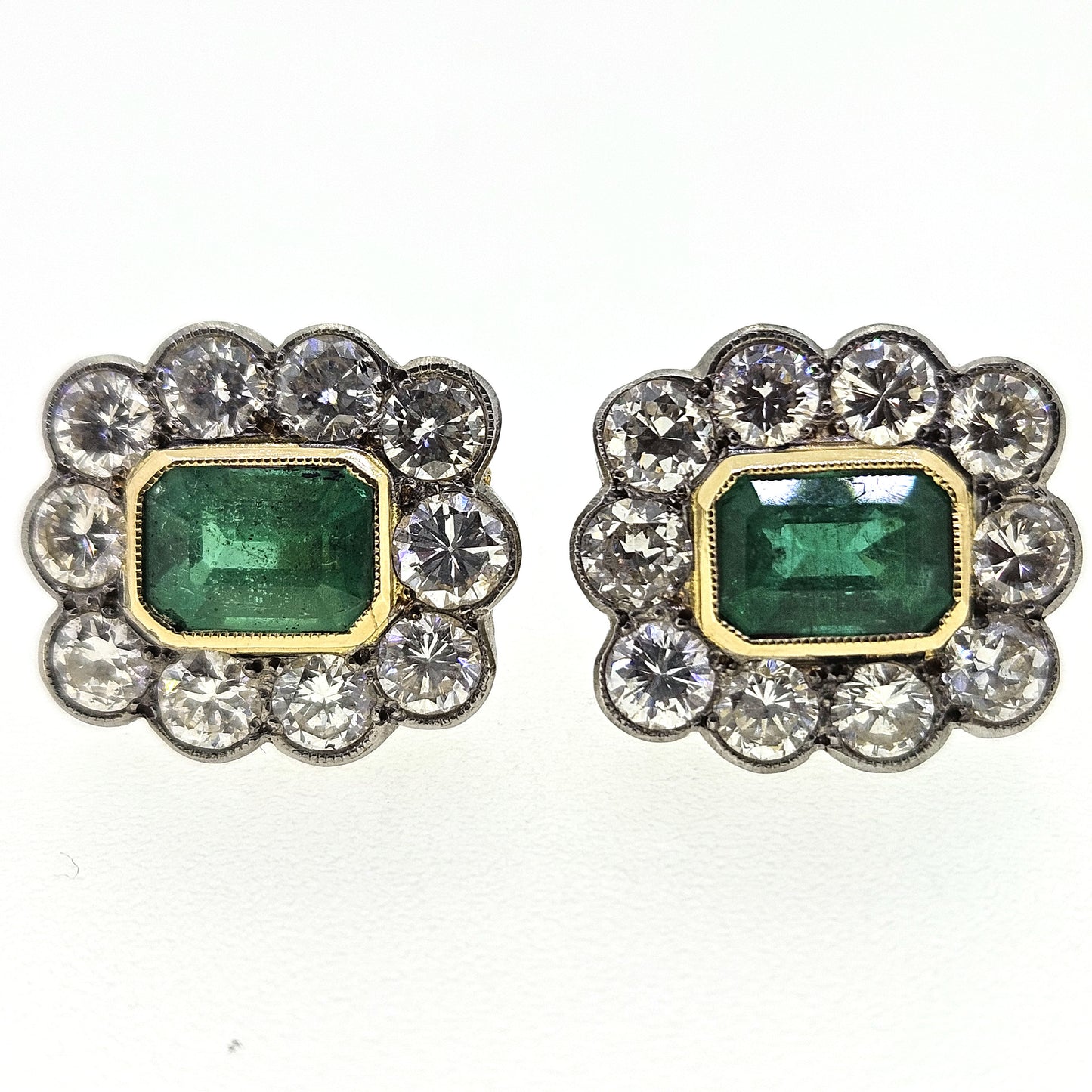 2.20ct Emerald and 2.70ct Diamond Cluster Stud Earrings
