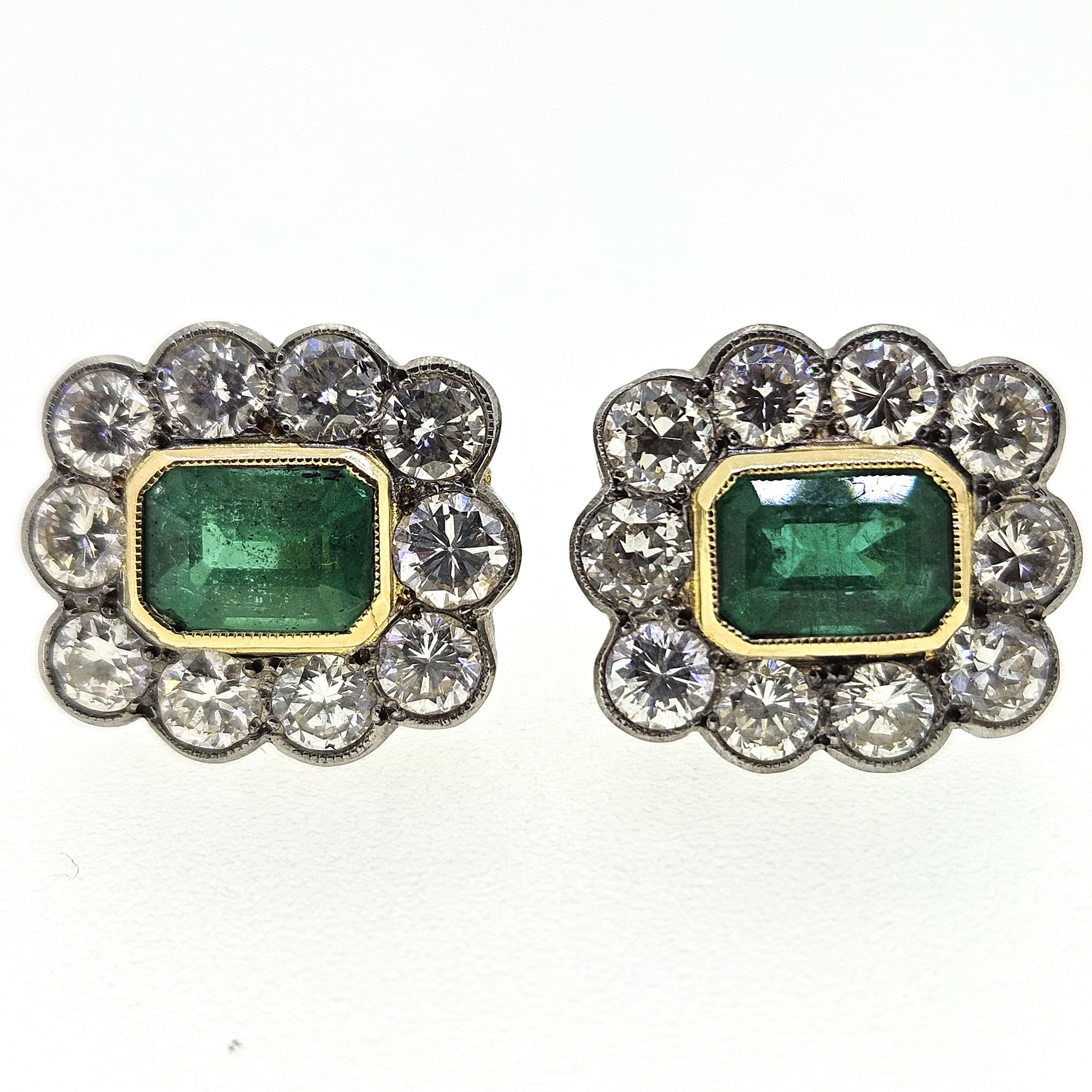 2.20ct Emerald and 2.70ct Diamond Cluster Stud Earrings