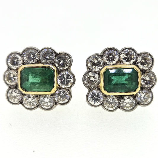 2.20ct Emerald and 2.70ct Diamond Cluster Stud Earrings