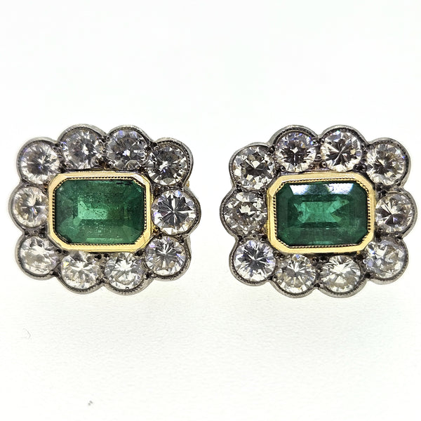 2.20ct Emerald and 2.70ct Diamond Cluster Stud Earrings