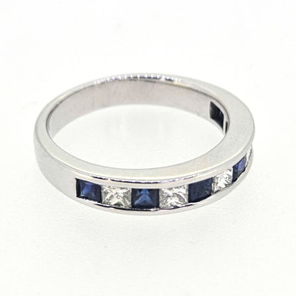 Square Princess Cut Sapphire and Diamond Half Eternity Band Ring in 18ct White Gold
