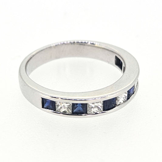 Square Princess Cut Sapphire and Diamond Half Eternity Band Ring in 18ct White Gold