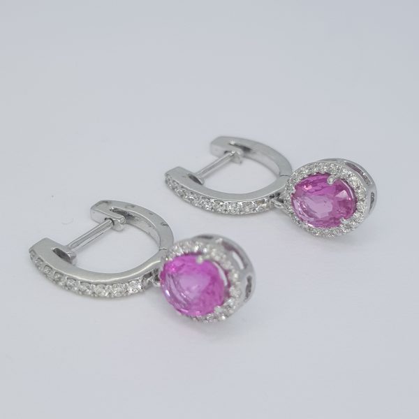 Pink Sapphire and Diamond Cluster Drop Earrings, 2.01 carats
