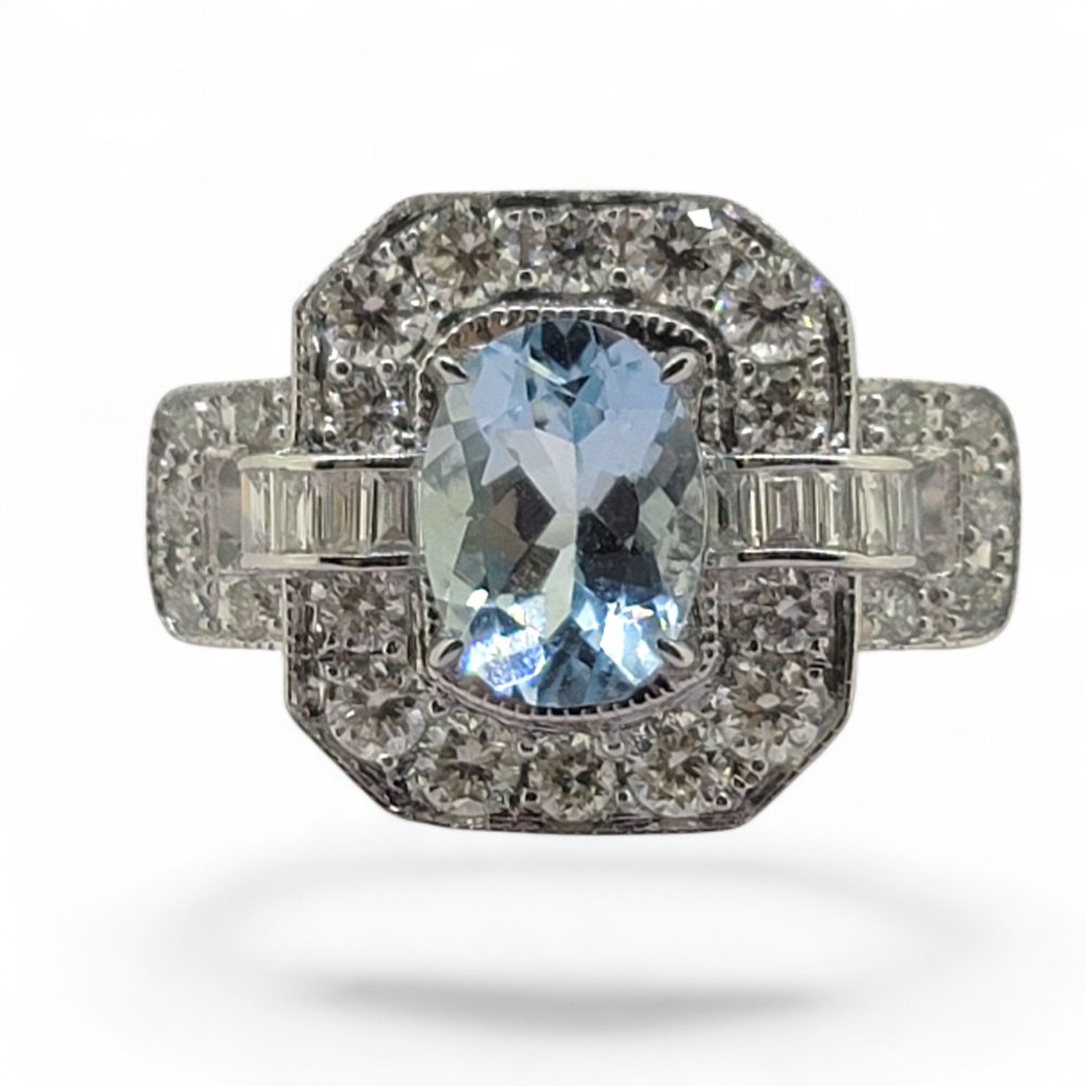 Aquamarine and Diamond Cluster Dress Ring with Buckle Shoulders