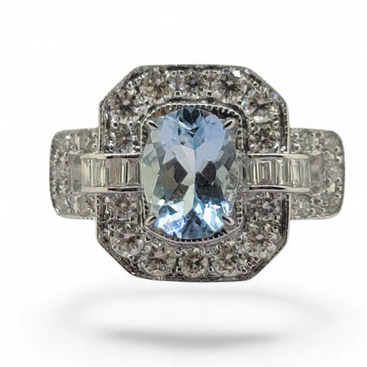 Aquamarine and Diamond Cluster Dress Ring with Buckle Shoulders