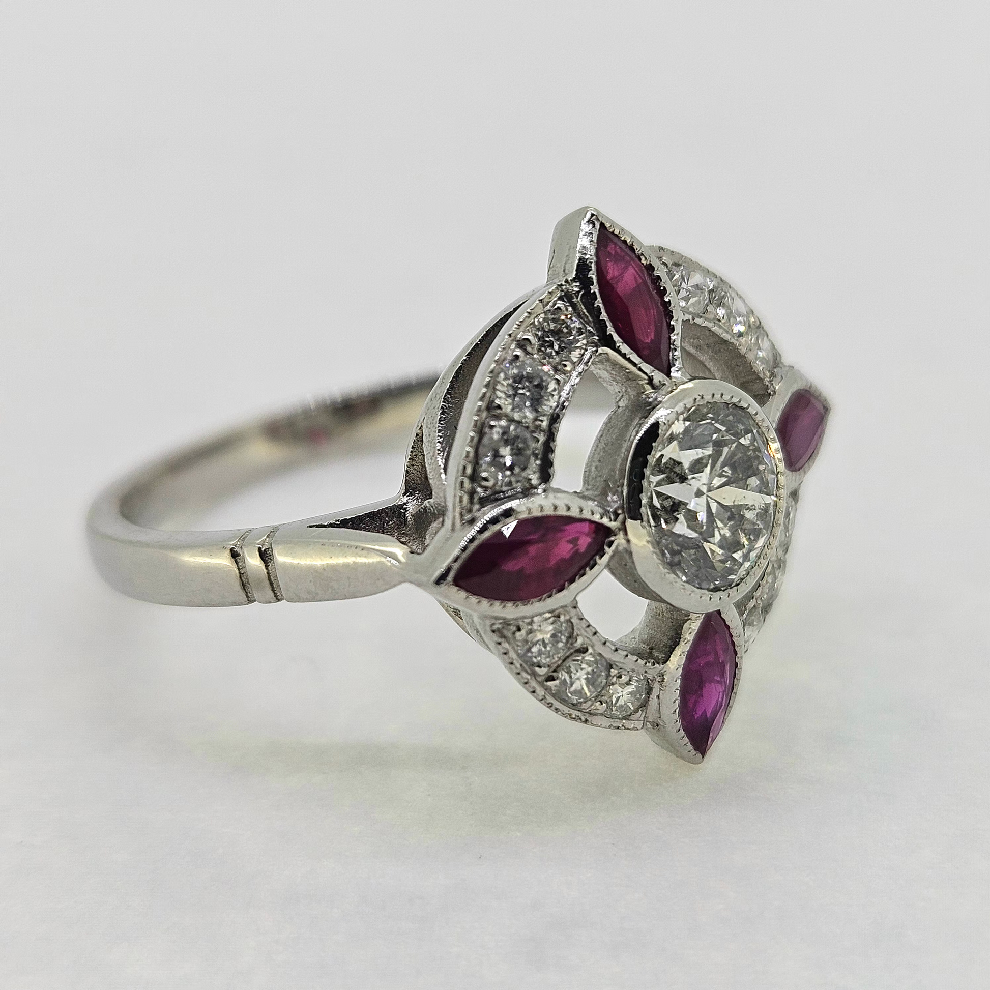 Ruby and Diamond Cluster Halo Dress Ring, Platinum Open Work