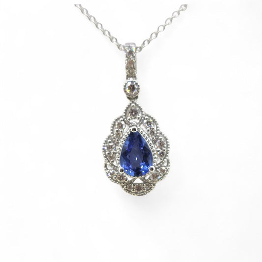 Pear Cut Sapphire and Diamond Cluster Pendant with Chain