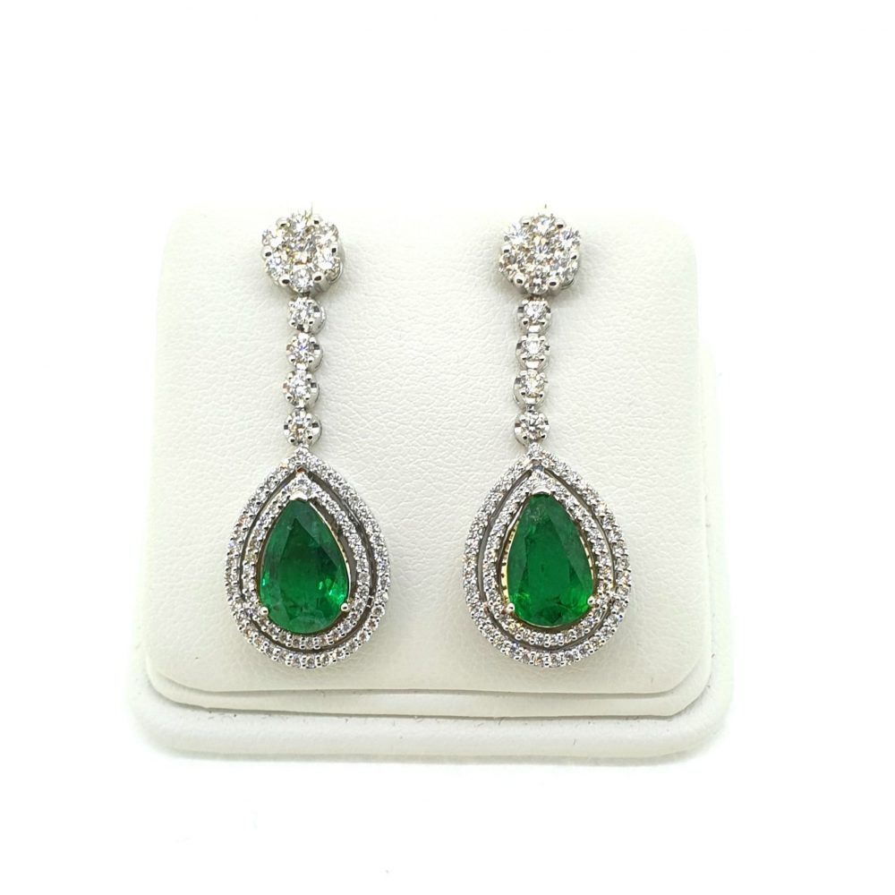 3.61ct Emerald and Diamond Pear Shaped Cluster Drop Earrings in 18ct white gold Emeralds 3.61 carat total, Diamonds 1.72 carat total