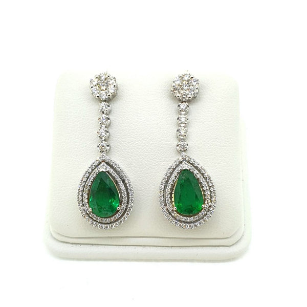 3.61ct Emerald and Diamond Pear Shaped Cluster Drop Earrings in 18ct white gold Emeralds 3.61 carat total, Diamonds 1.72 carat total