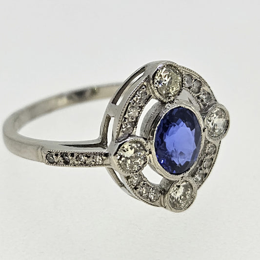 Platinum Sapphire 0.90 Carat and Diamond 0.50 Carat Cluster Ring